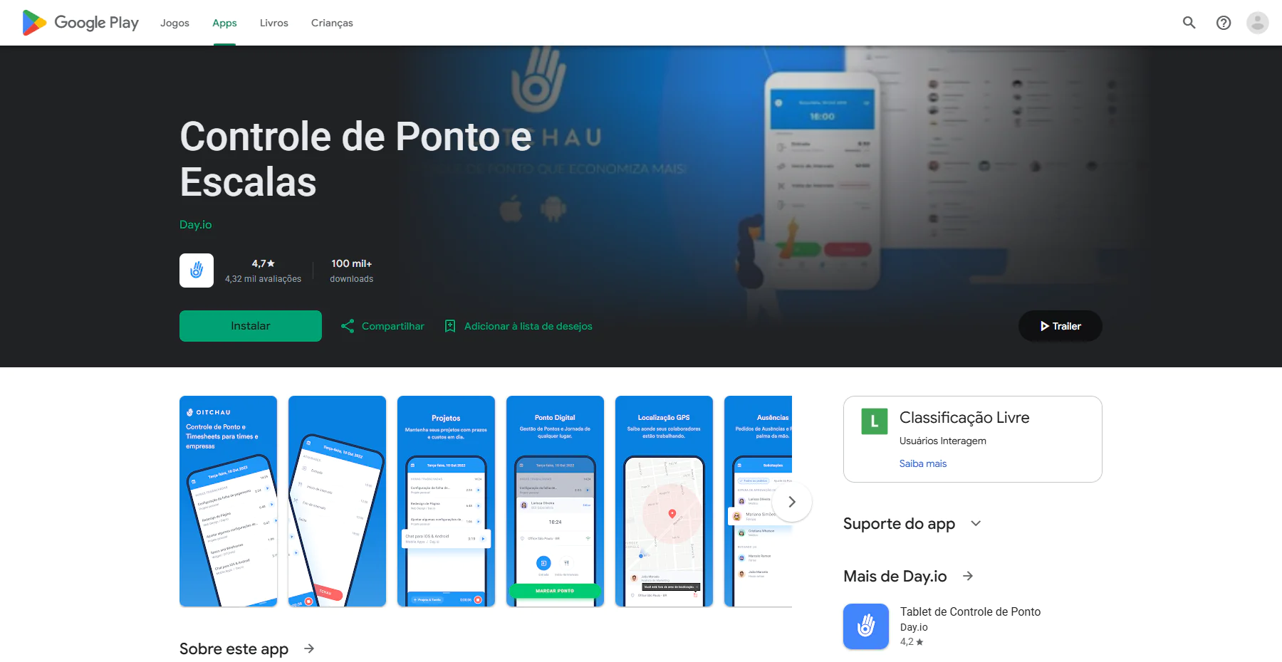 Tela do app Oitchau Controle de Ponto na Google Play Store
