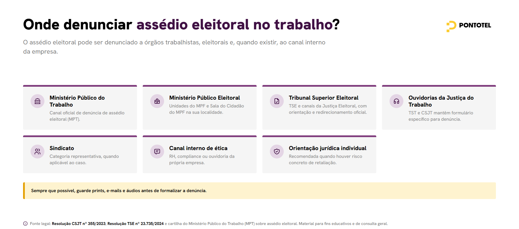 quadro com os canais de denúncia de assédio eleitoral no trabalho